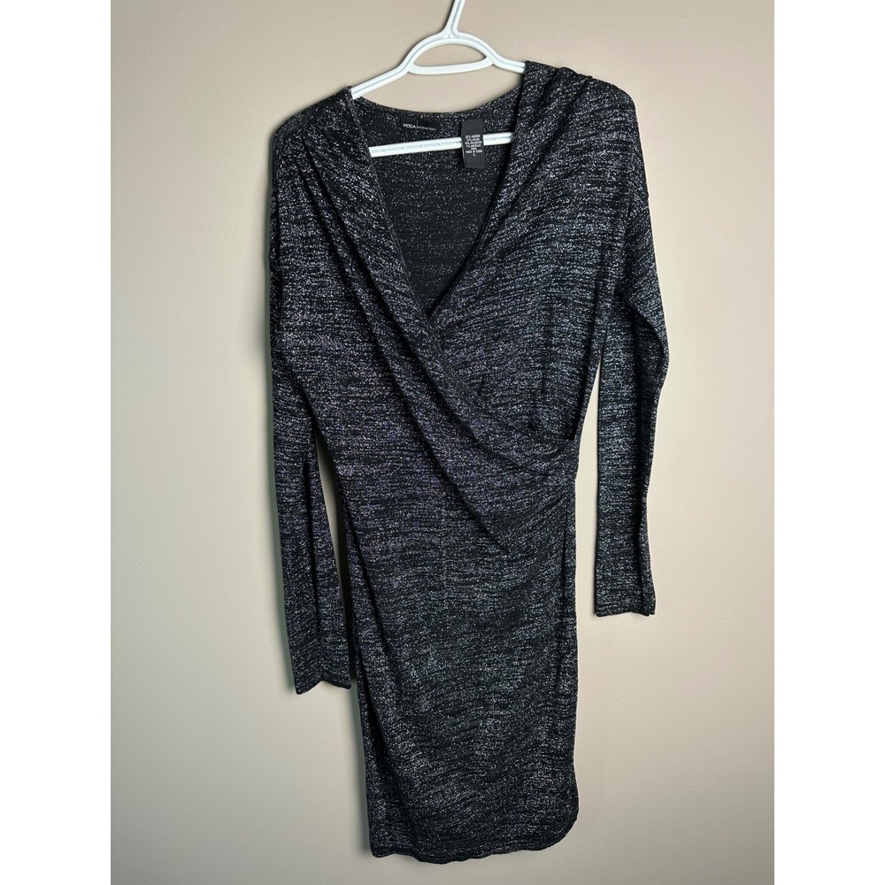 Moda International Silver Metallic Sparkle Wrap Dress Long Sleeve Black Large